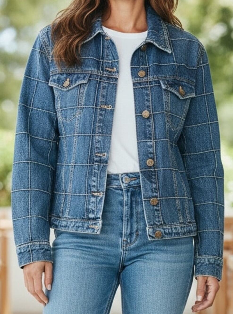 Vintage Jones Jeans Patchwork Denim Jacket Square Grid Patchwork Blue Sz 10